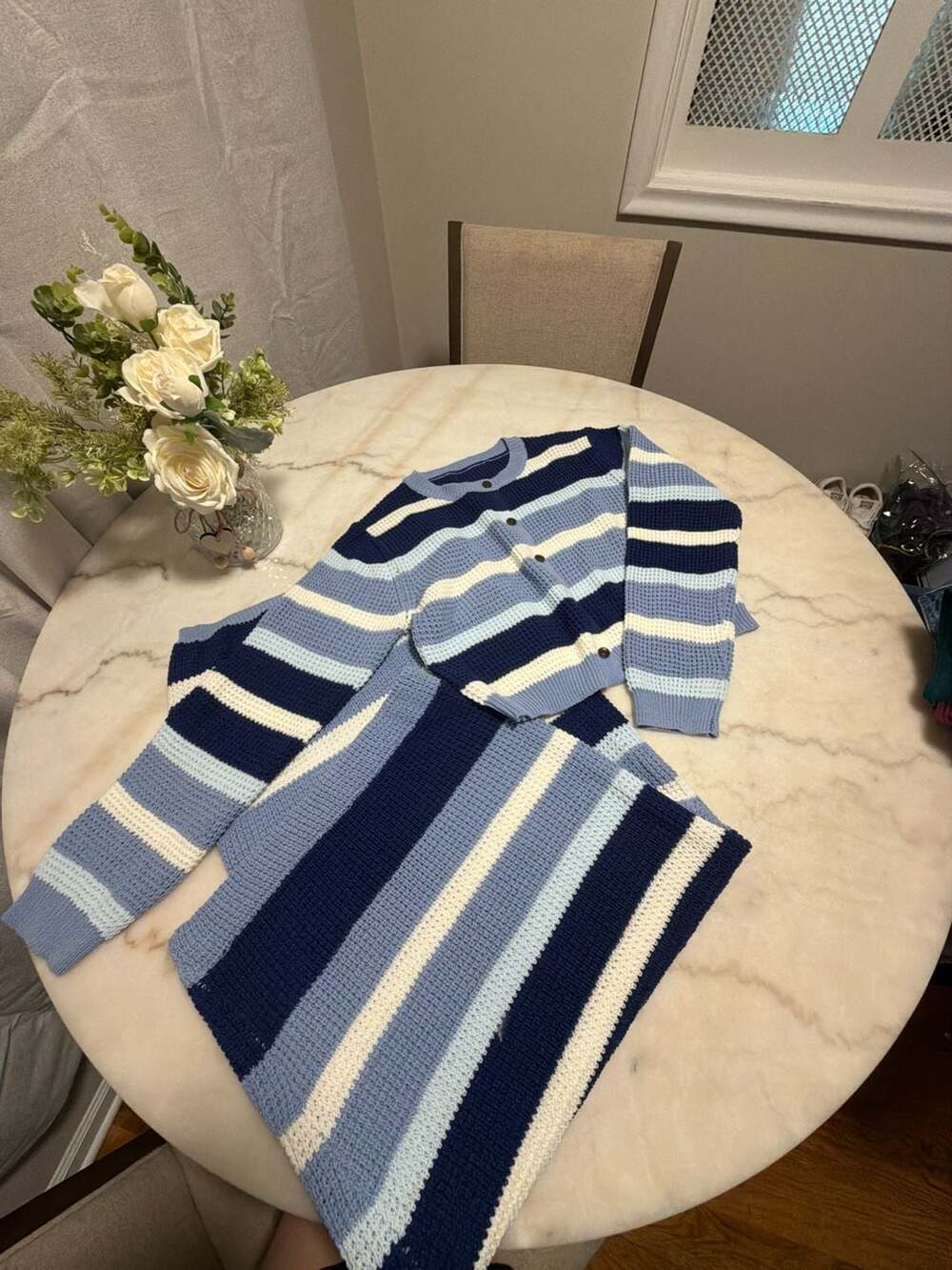 Blue Stripe Knit Cardigan and Skirt Two-Piece Set